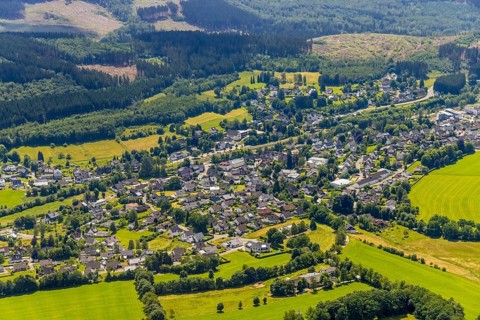 Aerial view, forest area with forest damage, local view Welschen-Ennest, Kirchhundem, Sauerland,