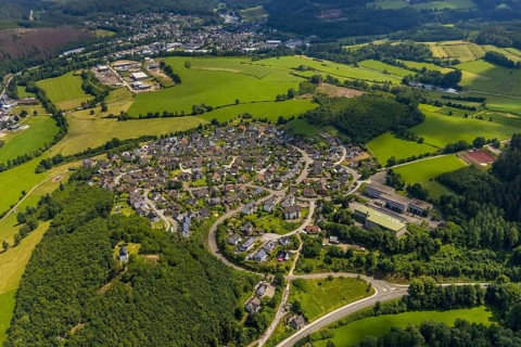 Aerial view, aerial view Kirchhundem, Kirchhundem secondary school, Kreuzberg chapel in the forest,