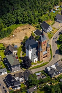 Aerial view, Church of St. Peter and Paul, Kirchhundem, Sauerland, North Rhine-Westphalia, Germany,