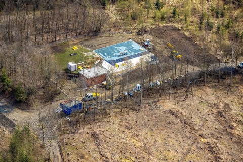 Aerial view, construction site in the forest at the Ferndorfer Klippen in Buschhütten, Kreuztal,