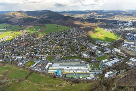 Aerial view, Thyssenkrupp Aherweiden with district Ferndorf, Kreuztal, Sauerland, North