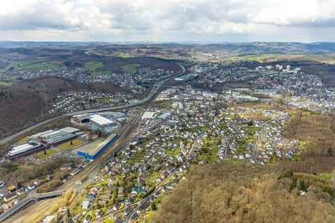 Aerial view, Hüttentalstraße, B54, commercial area Siegener Straße, Buschhütten, Kreuztal,