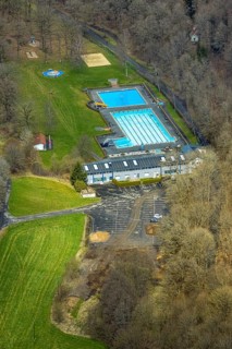 Aerial view, warm water outdoor swimming pool Buschhütten, Buschhütten, Kreuztal, Sauerland, North