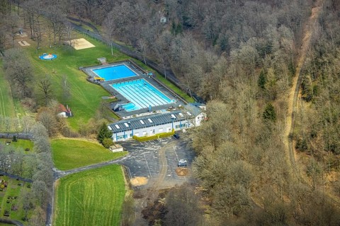 Aerial view, warm water outdoor swimming pool Buschhütten, Buschhütten, Kreuztal, Sauerland, North