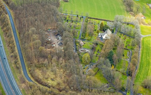 Aerial view, Buschhütten cemetery with chapel, Buschhütten, Kreuztal, Sauerland, North