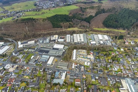 Aerial view, construction site and new building residential area Lebenswert-Deichwald am