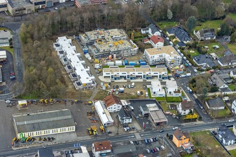 Aerial view, construction site and new building residential area Lebenswert-Deichwald am
