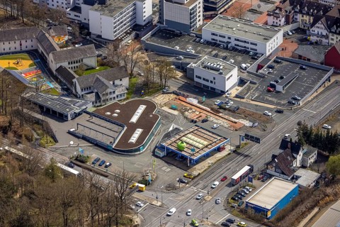 Aerial view, BEST CARWASH Hoffmann GmbH and shopping centre at the market place Kreuztal, Kreuztal,