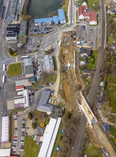 Aerial view, construction site and replacement construction of the DB bridge and new road