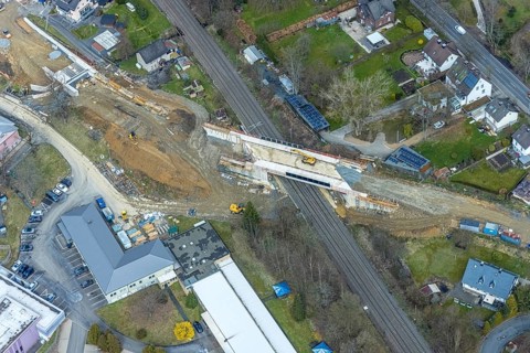Aerial view, construction site and replacement construction of the DB bridge and new road