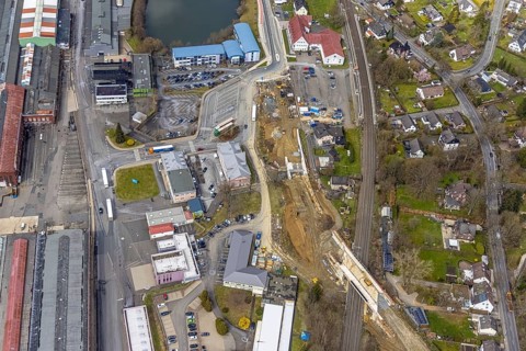 Aerial view, construction site and replacement construction of the DB bridge and new road