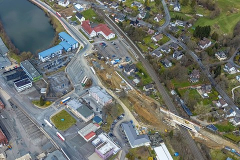 Aerial view, construction site and replacement construction of the DB bridge and new road