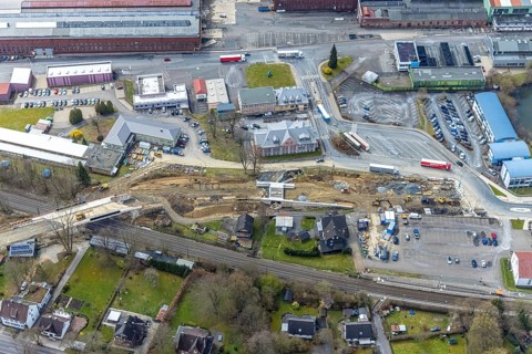 Aerial view, construction site and replacement construction of the DB bridge and new road