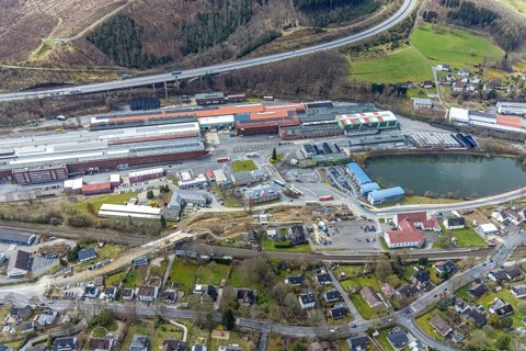 Aerial view, construction site and replacement construction of the DB bridge and new road