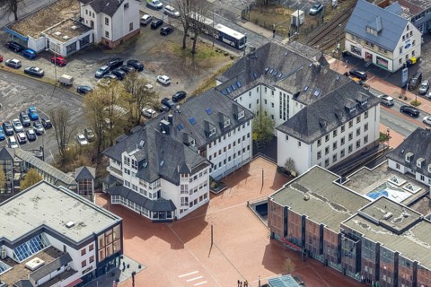 Aerial view, market place Kreuztal with town hall, Kreuztal, Sauerland, North Rhine-Westphalia,