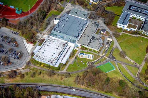 Aerial view, sports hall Kreuztal, Kreuztal, Sauerland, North Rhine-Westphalia, Germany, DE, triple