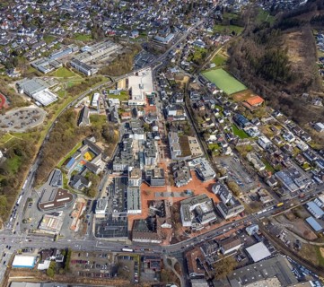 Aerial view, market place Kreuztal with town hall and shopping centre, primary school at Dreslers