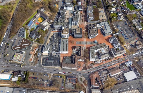 Aerial view, market place Kreuztal with town hall and shopping centre, primary school at Dreslers