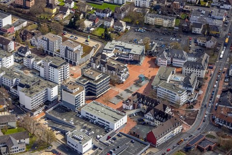 Aerial view, market place Kreuztal with town hall and shopping centre, Kreuztal, Sauerland, North