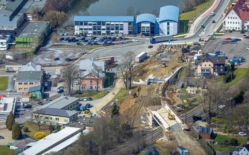 Aerial view, construction site and replacement construction of the DB bridge and new road