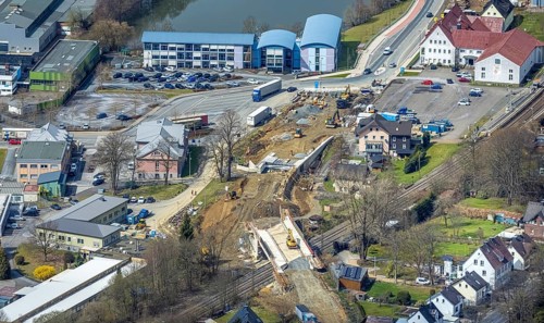 Aerial view, construction site and replacement construction of the DB bridge and new road