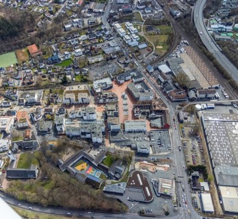 Aerial view, market place Kreuztal with town hall and shopping centre, primary school at Dreslers