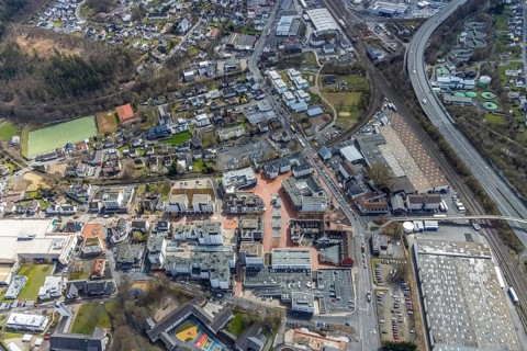 Aerial view, market place Kreuztal with town hall and shopping centre, primary school at Dreslers