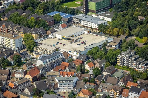 Aerial view, Kamen square shopping centre in Kampstraße in the district Kolonie Tannenberg, Kamen,