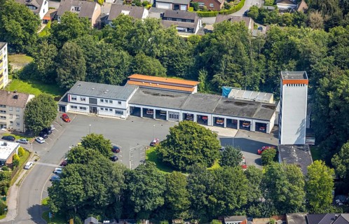 Aerial photo, volunteer fire brigade in Kamen, Ruhr area, North Rhine-Westphalia, Germany, fire