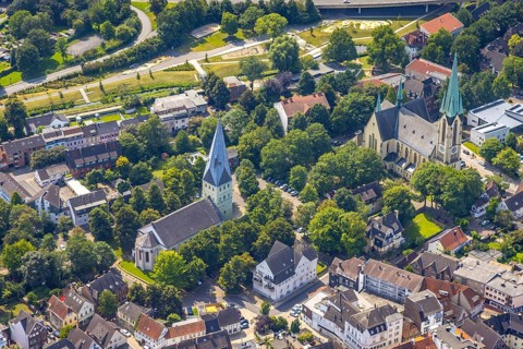 Aerial view, city centre with catholic parish church Zur Heiligen Familie and protestant church