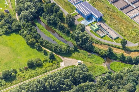 Aerial view, sight pixel tube at the river Seseke in Kamen, Ruhr area, North Rhine-Westphalia,