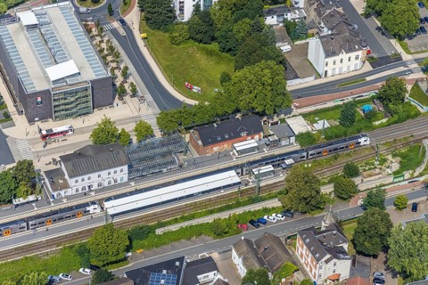 Aerial view, Kamen railway station with multi-storey car park in Kamen, Ruhr area, North
