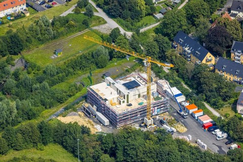 Aerial photo, construction site and new residential building Solarhaus Kamen on