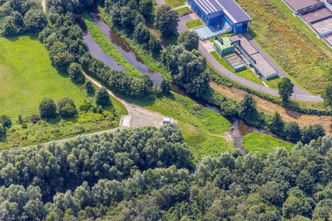 Aerial view, sight pixel tube at the river Seseke in Kamen, Ruhr area, North Rhine-Westphalia,