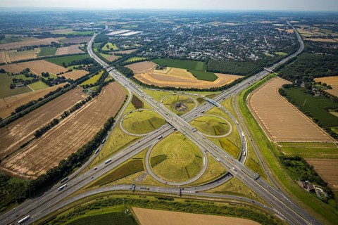 Aerial view, Kamen interchange with A1 motorway and A2 motorway, helicopter sculpture Yellow Angel