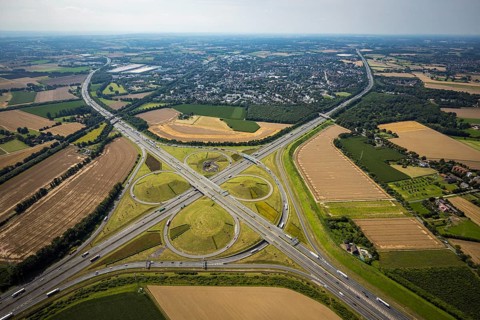 Aerial view, Kamen interchange with A1 motorway and A2 motorway, helicopter sculpture Yellow Angel
