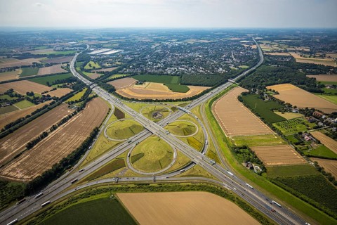 Aerial view, Kamen interchange with A1 motorway and A2 motorway, helicopter sculpture Yellow Angel