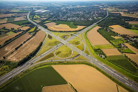 Aerial view, Kamen interchange with A1 motorway and A2 motorway, helicopter sculpture Yellow Angel