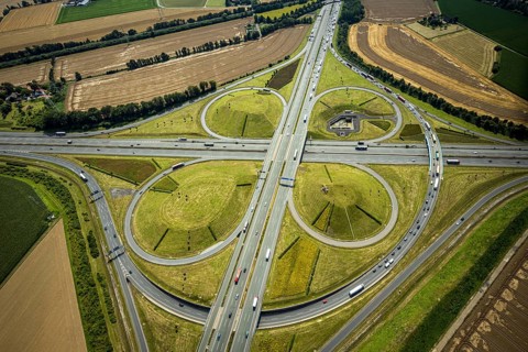 Aerial view, Kamen interchange with A1 motorway and A2 motorway, helicopter sculpture Yellow Angel
