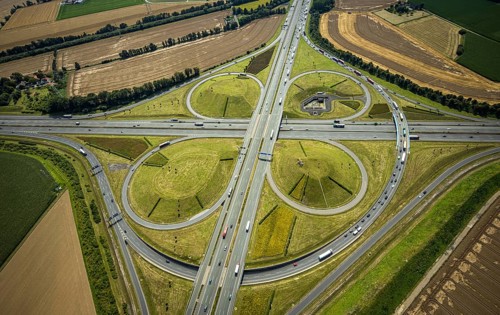 Aerial view, Kamen interchange with A1 motorway and A2 motorway, helicopter sculpture Yellow Angel
