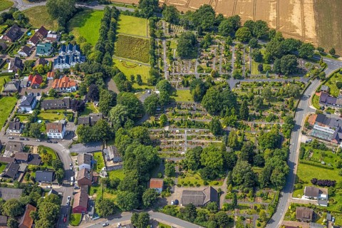Aerial view, Methler Protestant Cemetery with rainbow bed in the Methler district, Kamen, Ruhr