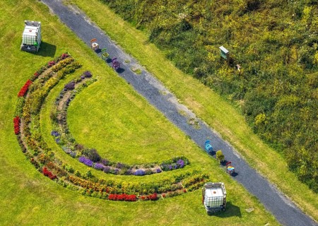 Aerial view, Methler Protestant Cemetery with rainbow bed in the Methler district, Kamen, Ruhr