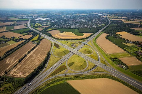 Aerial view, Kamen interchange with A1 motorway and A2 motorway, helicopter sculpture Yellow Angel