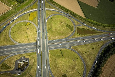 Aerial view, Kamen interchange with A1 motorway and A2 motorway, helicopter sculpture Yellow Angel