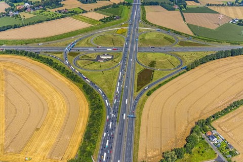 Aerial view, Kamen interchange with A1 motorway and A2 motorway, helicopter sculpture Yellow Angel