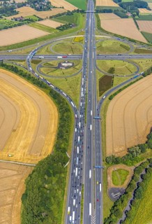 Aerial view, Kamen interchange with A1 motorway and A2 motorway, helicopter sculpture Yellow Angel