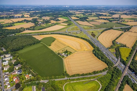 Aerial view, Kamen junction with A1 motorway and A2 motorway, Kamen, Ruhr area, North