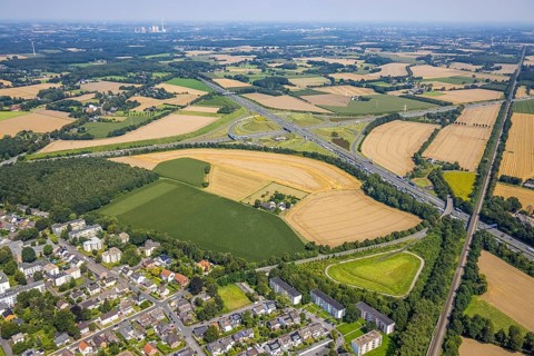 Aerial view, Kamen junction with A1 motorway and A2 motorway, Kamen, Ruhr area, North