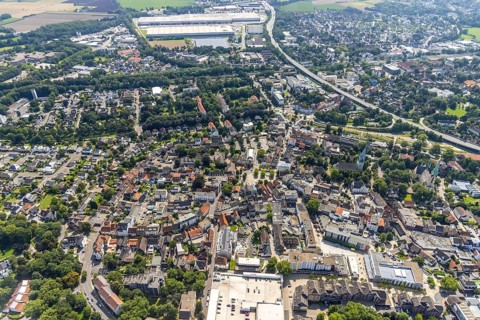 Aerial view, city centre with Alter Markt and catholic parish church Zur Heiligen Familie and