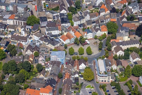 Aerial view, city centre with Alter Markt and Telgmann fountain in the district Kolonie Tannenberg,
